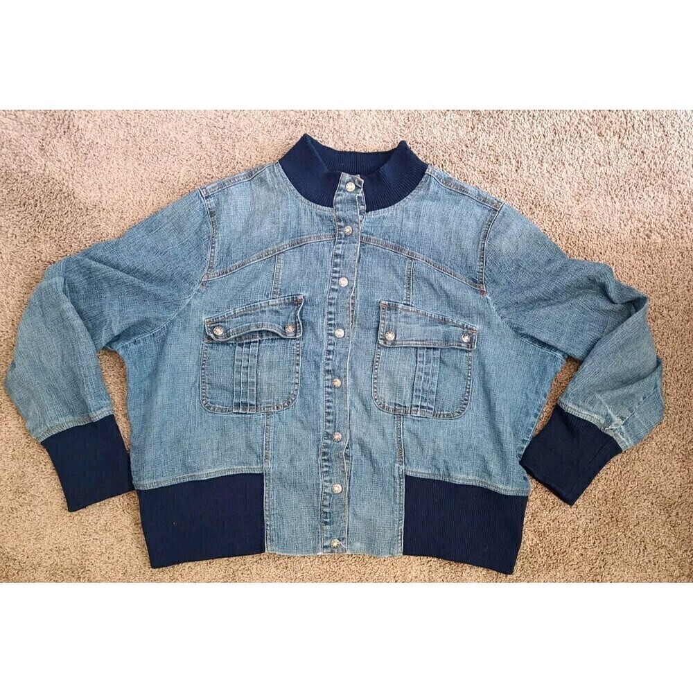 Beware Denim Jean Jacket Plus Size XXL 2X Bomber Style Vintage Y2K Snap Button